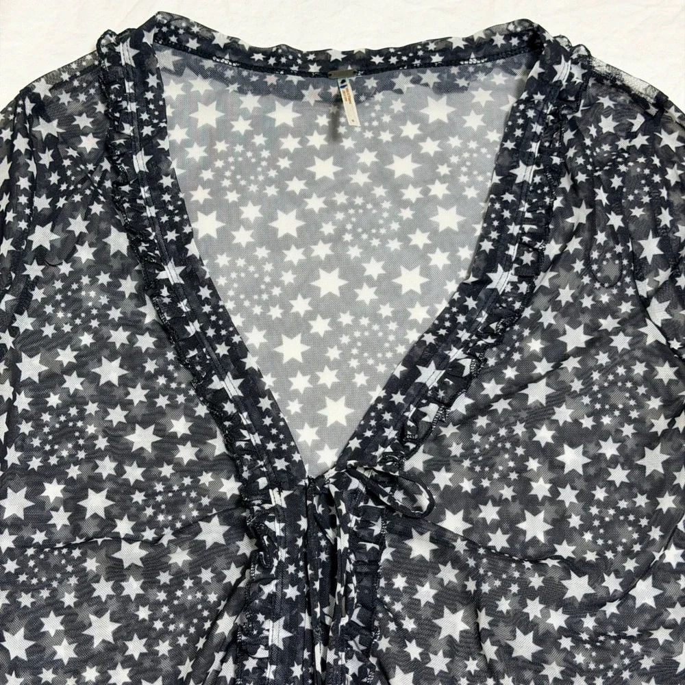 Free People Marne Star Sheer Mesh Top Women Small Black White Celestial Festival